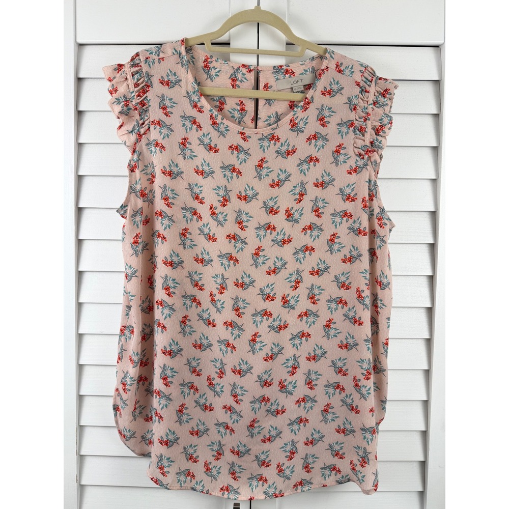 LOFT Blouse Women XXL Pink Floral Ruffle‎ Sleeve Textured Keyhole Back
